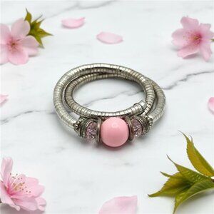 Vintage Silver Tone Bendable Snake Chain Choker Pink Lucite Bead Charm Necklace